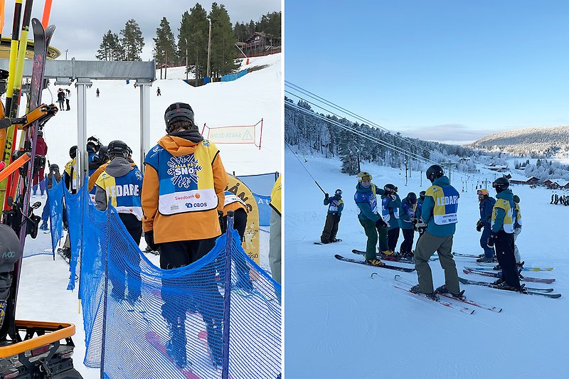 Ledare med Alla på snö-västar står i liftkön redo att ta sig an backen.