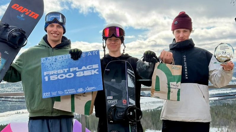 Pallen i slopestyle: fr.v. Frej Linnes, Kalle Olofsson och Milo Weiss. Foto: SSF.